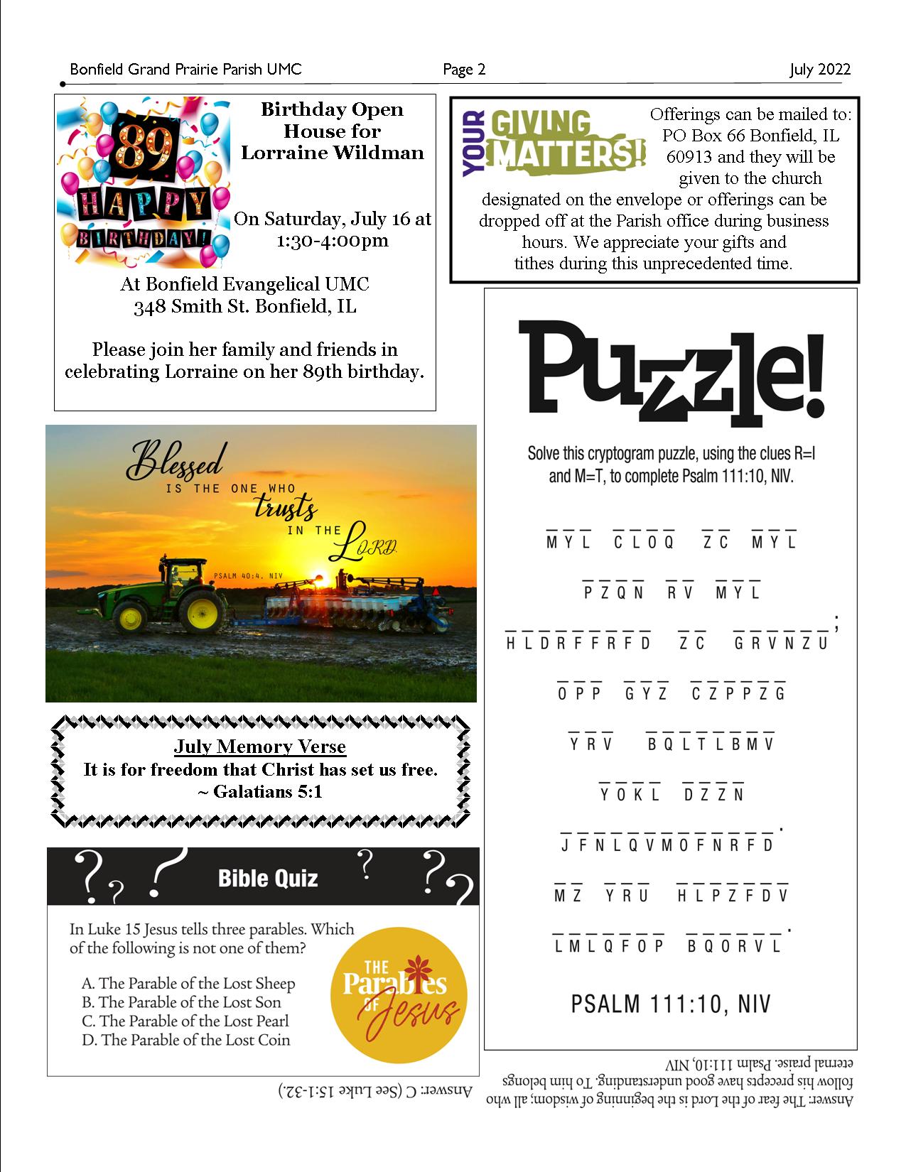 July 2022 Bonfield Grand Prairie Parish